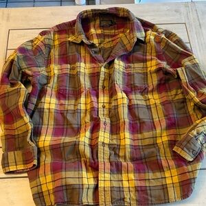 Pendleton Yellow and Red Plaid Flannel Shirt with suede elbow patches